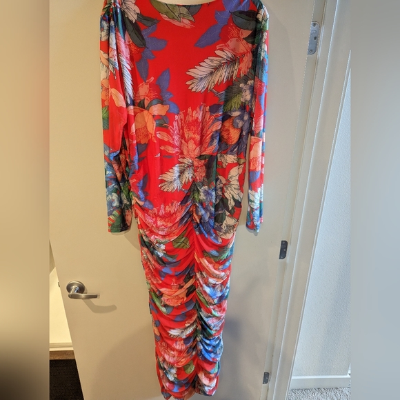 NWOT Red Floral Mesh, Fully Ruched Maxi Dress 3X - Picture 7 of 9